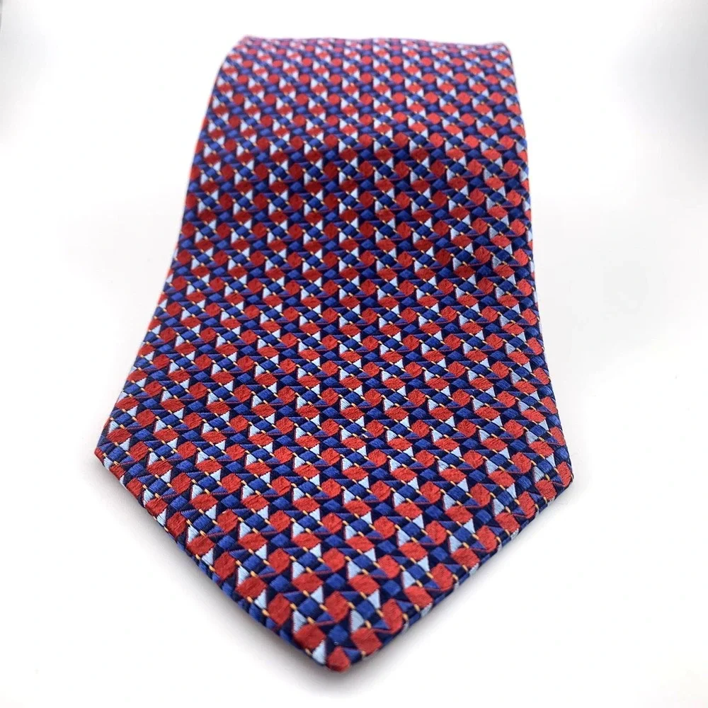 Ike Behar Mens Tie Red & Blue Geometric Repp Thick 100% Silk‎ Necktie